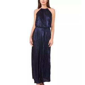 MSK Navy Metallic Halter Pleated Maxi Dress